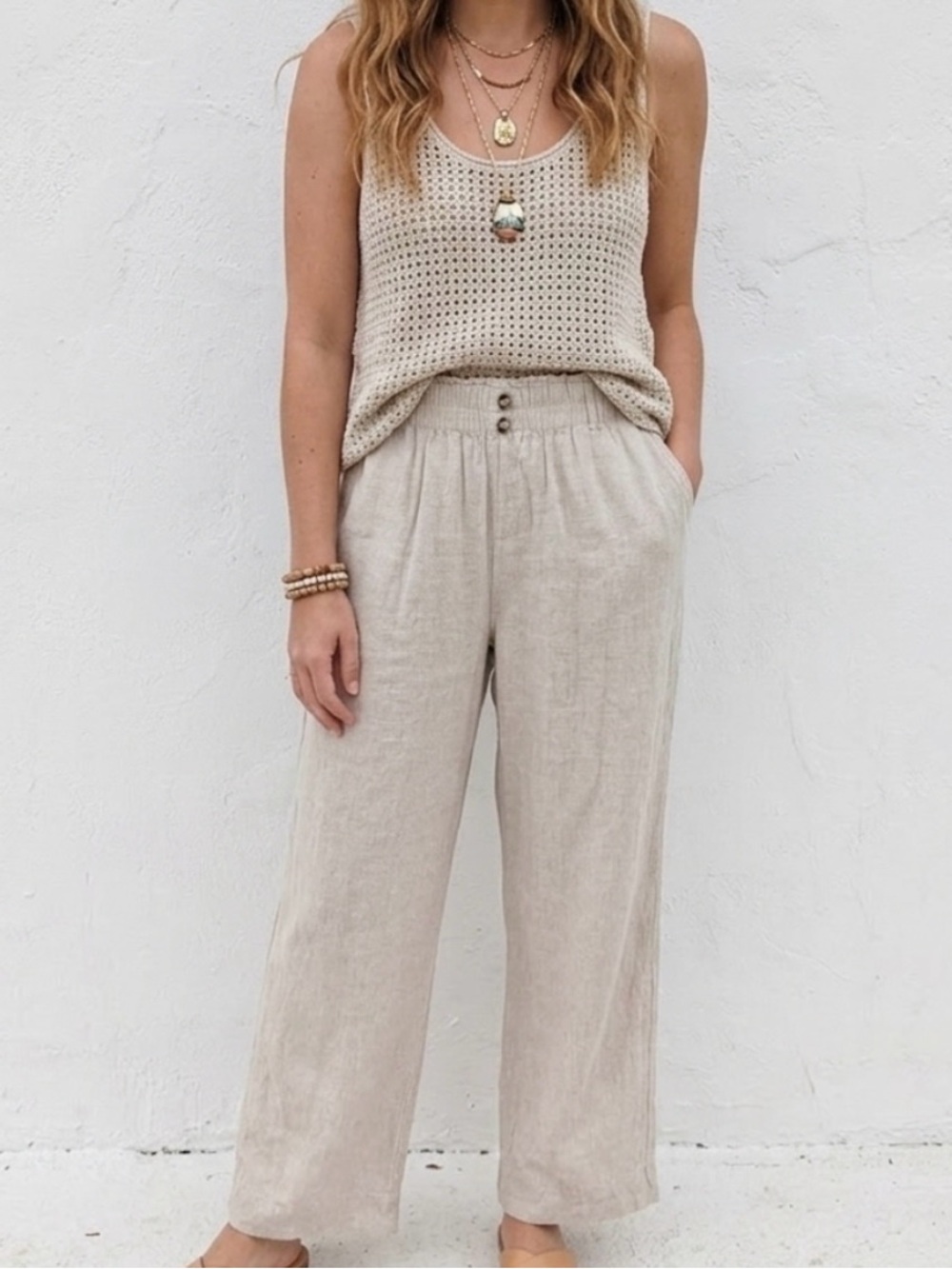 Briggs Linen Blend High Waisted Wide Leg Pants Oatmeal cream Large